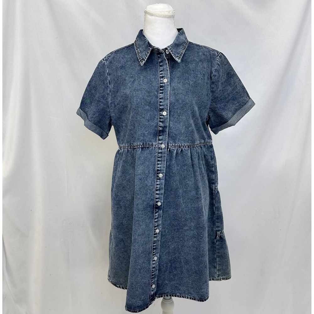 Unbranded Women Sz M Denim Mini Shirt Dress Blue Acid Wash Tiered Boho Babydoll